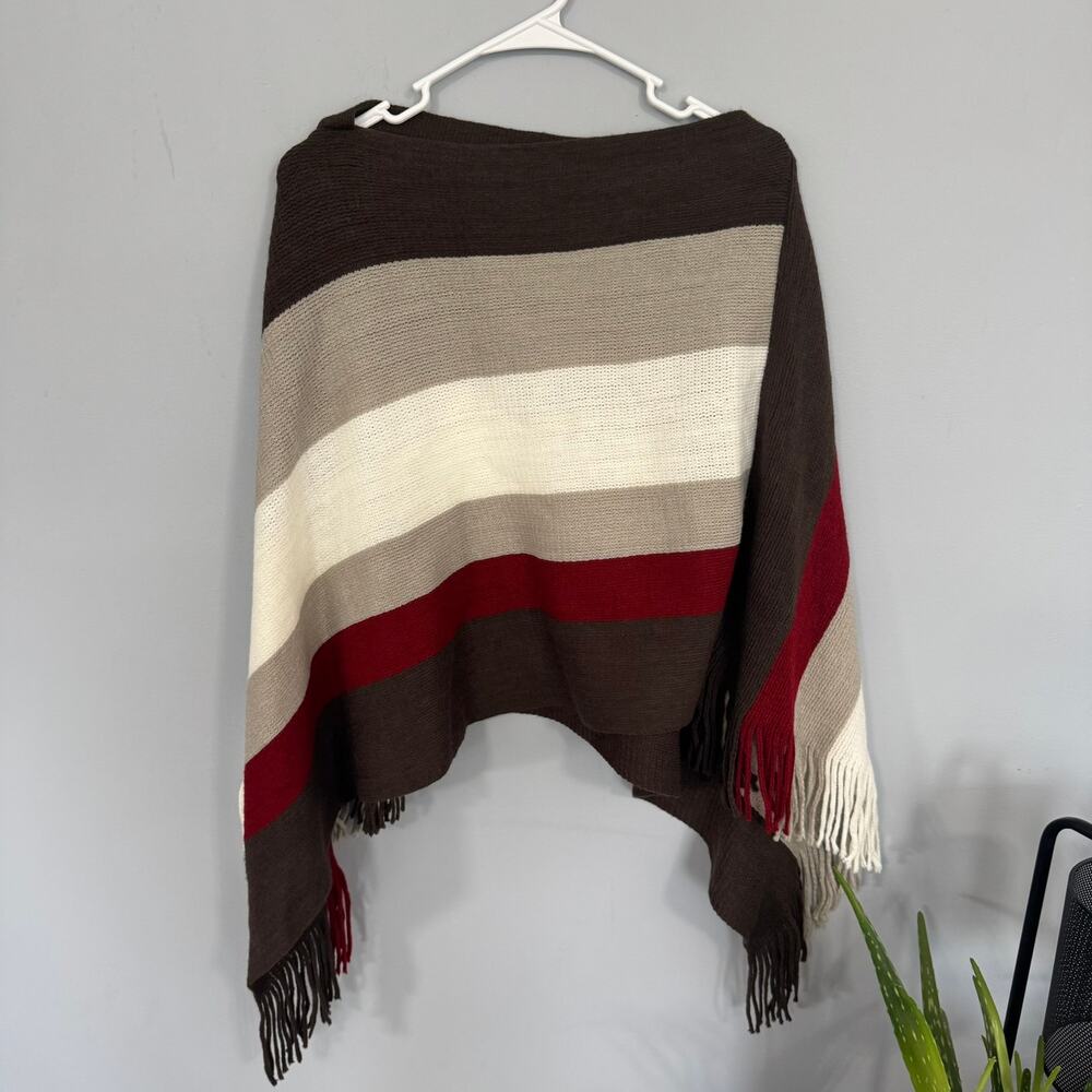 Unknown Brand Striped Pullover Cape Shawl w/ Fringe Neutral Colors One Size